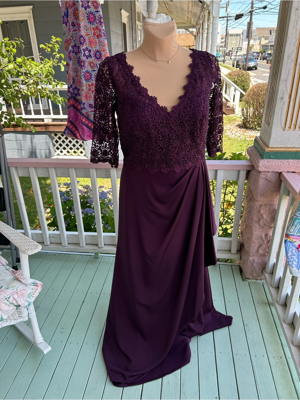 Plum Lace Bodice Maxi Dress with Draped Skirt
